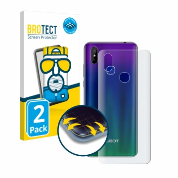 Face avant d’un emballage produit avec le logo de la marque BROTECT. À côté, l’appareil Cubot Max 2 (Arrière) est représenté a