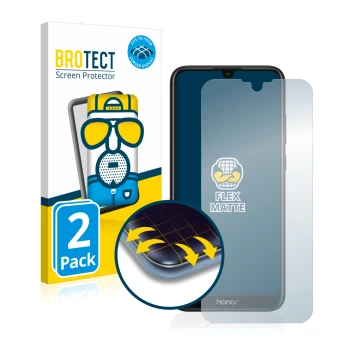 Face avant d’un emballage produit avec le logo de la marque BROTECT. À côté, l’appareil Honor 8A est représenté avec la protec