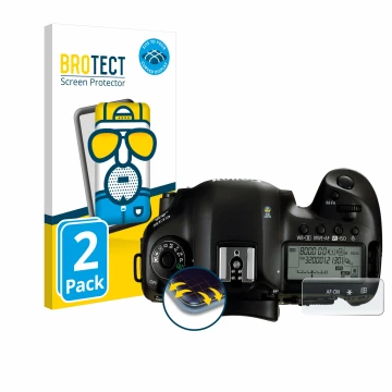 Face avant d’un emballage produit avec le logo de la marque BROTECT. À côté, l’appareil Canon EOS 5D Mark IV (affichage des ép