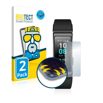 Face avant d’un emballage produit avec le logo de la marque BROTECT. À côté, l’appareil Huawei Band 4 Pro est représenté avec 
