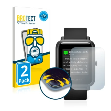 Face avant d’un emballage produit avec le logo de la marque BROTECT. À côté, l’appareil Huami Amazfit Bip S est représenté ave