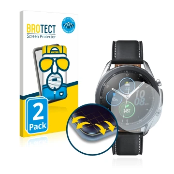 Face avant d’un emballage produit avec le logo de la marque BROTECT. À côté, l’appareil Samsung Galaxy Watch 3 (41mm) est repr