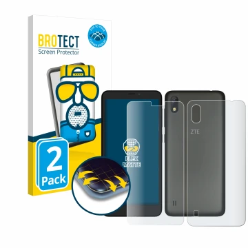 Face avant d’un emballage produit avec le logo de la marque BROTECT. À côté, l’appareil ZTE Blade A530 (Avant+Arrière) est rep