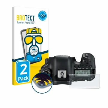 Face avant d’un emballage produit avec le logo de la marque BROTECT. À côté, l’appareil Canon EOS 6D (affichage des épaules) e