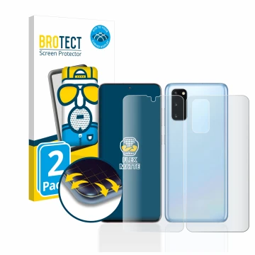 Face avant d’un emballage produit avec le logo de la marque BROTECT. À côté, l’appareil Samsung Galaxy S20 5G (Avant+Arrière) 