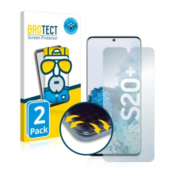 Face avant d’un emballage produit avec le logo de la marque BROTECT. À côté, l’appareil Samsung Galaxy S20 Plus 5G est représe