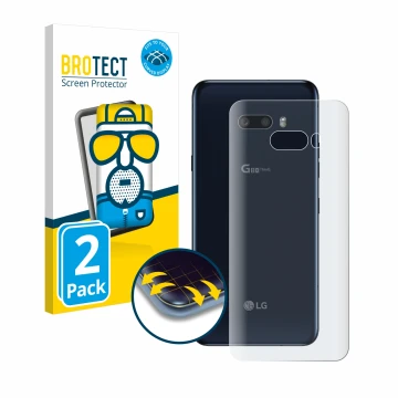 Face avant d’un emballage produit avec le logo de la marque BROTECT. À côté, l’appareil LG G8X ThinQ (Arrière) est représenté 