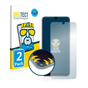 Face avant d’un emballage produit avec le logo de la marque BROTECT. À côté, l’appareil Samsung Galaxy M21 est représenté avec