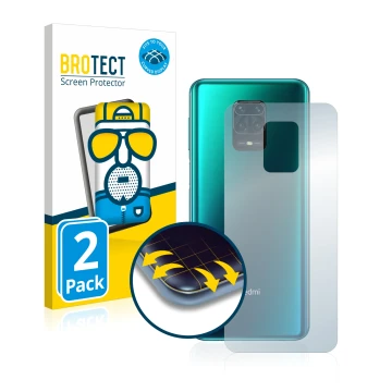 Face avant d’un emballage produit avec le logo de la marque BROTECT. À côté, l’appareil Xiaomi Redmi Note 9 Pro (Arrière) est 