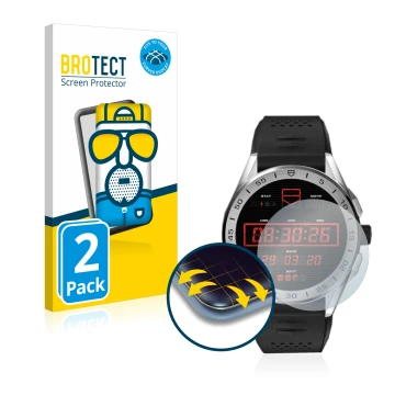 Face avant d’un emballage produit avec le logo de la marque BROTECT. À côté, l’appareil TAG Heuer Connected 2020 est représent