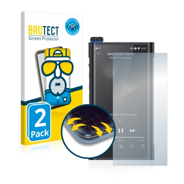 Face avant d’un emballage produit avec le logo de la marque BROTECT. À côté, l’appareil FiiO M15 est représenté avec la protec