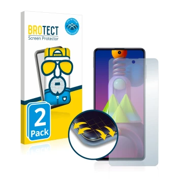 Face avant d’un emballage produit avec le logo de la marque BROTECT. À côté, l’appareil Samsung Galaxy M51 est représenté avec