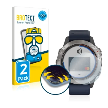 Face avant d’un emballage produit avec le logo de la marque BROTECT. À côté, l’appareil Garmin quatix 6 est représenté avec la