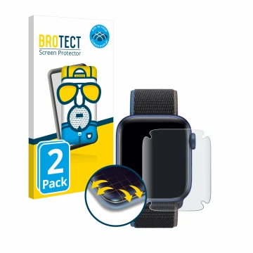 Face avant d’un emballage produit avec le logo de la marque BROTECT. À côté, l’appareil Apple Watch Series 6 (44 mm) est repré