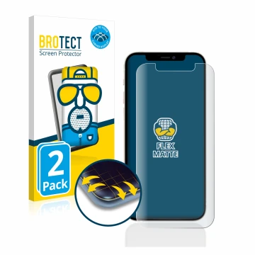 Face avant d’un emballage produit avec le logo de la marque BROTECT. À côté, l’appareil Apple iPhone 12 est représenté avec la