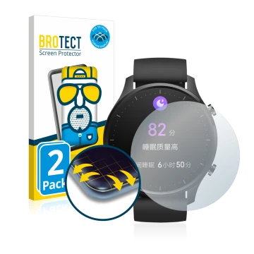 Face avant d’un emballage produit avec le logo de la marque BROTECT. À côté, l’appareil Xiaomi Mi Watch Revolve est représenté