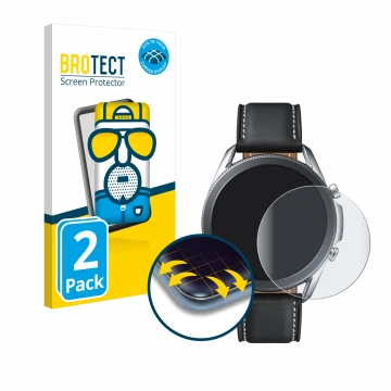 Face avant d’un emballage produit avec le logo de la marque BROTECT. À côté, l’appareil Samsung Galaxy Watch 3 (45mm) est repr