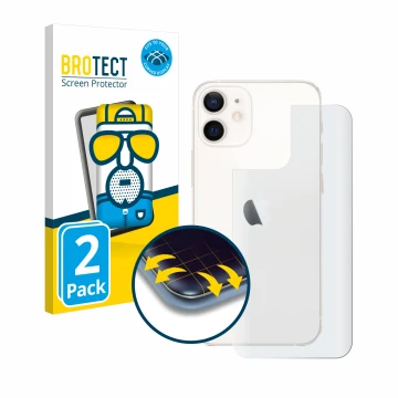 Face avant d’un emballage produit avec le logo de la marque BROTECT. À côté, l’appareil Apple iPhone 12 mini (Arrière) est rep