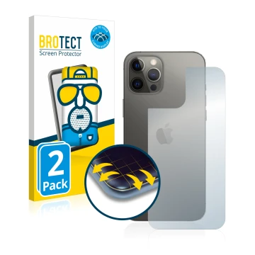 Face avant d’un emballage produit avec le logo de la marque BROTECT. À côté, l’appareil Apple iPhone 12 Pro Max (Arrière) est 