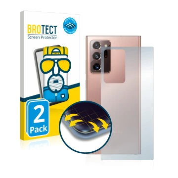 Face avant d’un emballage produit avec le logo de la marque BROTECT. À côté, l’appareil Samsung Galaxy Note 20 Ultra (Arrière)