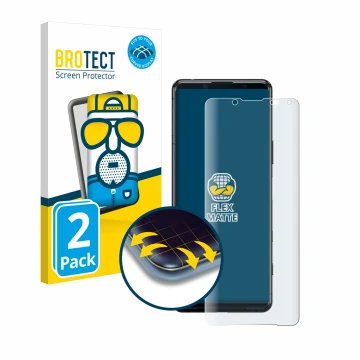 Face avant d’un emballage produit avec le logo de la marque BROTECT. À côté, l’appareil Sony Xperia 5 II est représenté avec l