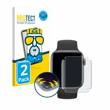 Face avant d’un emballage produit avec le logo de la marque BROTECT. À côté, l’appareil Apple Watch SE (44 mm) est représenté 