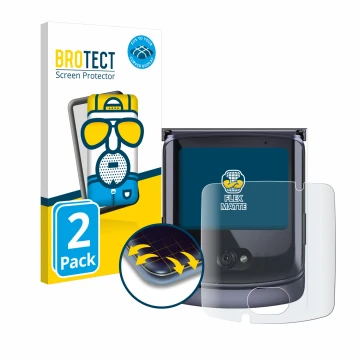 Face avant d’un emballage produit avec le logo de la marque BROTECT. À côté, l’appareil Motorola Razr 5G 2020 (Affichage avant