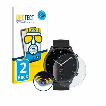 Face avant d’un emballage produit avec le logo de la marque BROTECT. À côté, l’appareil Huami Amazfit GTR 2 est représenté ave