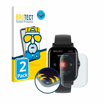 Face avant d’un emballage produit avec le logo de la marque BROTECT. À côté, l’appareil Huami Amazfit GTS 2 est représenté ave