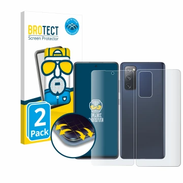 Face avant d’un emballage produit avec le logo de la marque BROTECT. À côté, l’appareil Samsung Galaxy S20 FE 5G (Avant+Arrièr