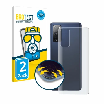 Face avant d’un emballage produit avec le logo de la marque BROTECT. À côté, l’appareil Samsung Galaxy S20 FE 5G (Arrière) est