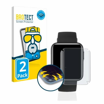 Face avant d’un emballage produit avec le logo de la marque BROTECT. À côté, l’appareil Xiaomi Mi Watch Lite est représenté av