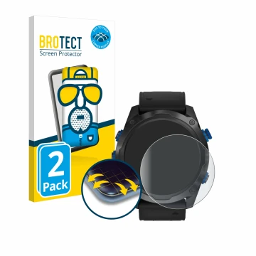 Face avant d’un emballage produit avec le logo de la marque BROTECT. À côté, l’appareil Garmin Descent Mk2i est représenté ave