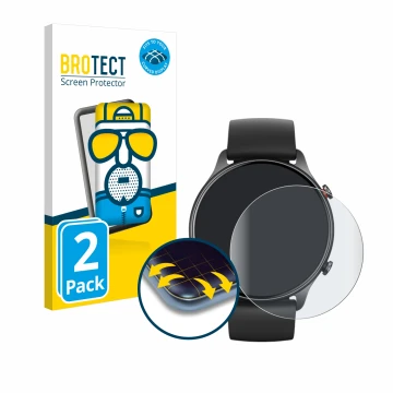 Face avant d’un emballage produit avec le logo de la marque BROTECT. À côté, l’appareil Huami Amazfit GTR 2e est représenté av