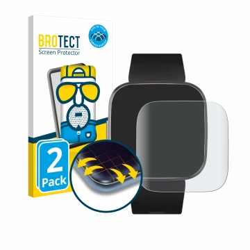 Face avant d’un emballage produit avec le logo de la marque BROTECT. À côté, l’appareil Fitbit Versa 2 Special Edition est rep