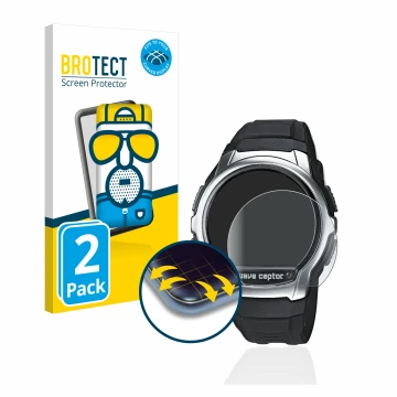 Face avant d’un emballage produit avec le logo de la marque BROTECT. À côté, l’appareil Casio Wave Ceptor WV-58 est représenté