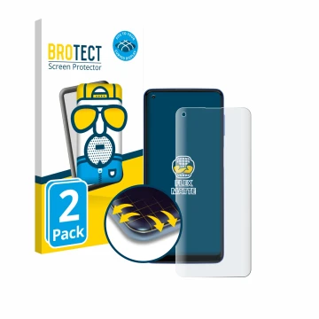 Face avant d’un emballage produit avec le logo de la marque BROTECT. À côté, l’appareil Motorola Moto G Power 2021 est représe