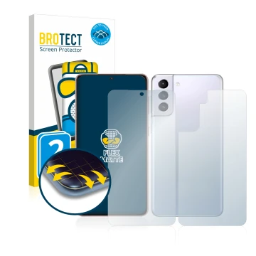 Face avant d’un emballage produit avec le logo de la marque BROTECT. À côté, l’appareil Samsung Galaxy S21 5G (Avant+Arrière) 