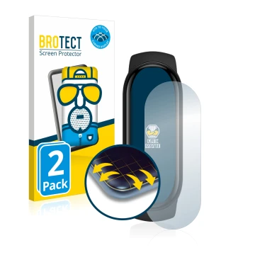 Face avant d’un emballage produit avec le logo de la marque BROTECT. À côté, l’appareil Xiaomi Mi Band 6 est représenté avec l