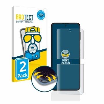 Face avant d’un emballage produit avec le logo de la marque BROTECT. À côté, l’appareil Samsung Galaxy Z Flip 3 5G est représe