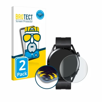 Face avant d’un emballage produit avec le logo de la marque BROTECT. À côté, l’appareil Huawei Watch GT 3 (46 mm) est représen