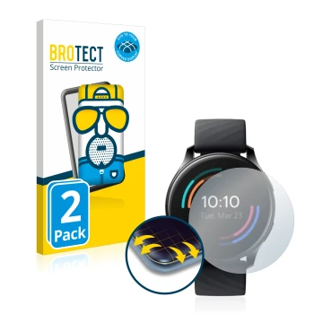 Face avant d’un emballage produit avec le logo de la marque BROTECT. À côté, l’appareil OnePlus Watch est représenté avec la p