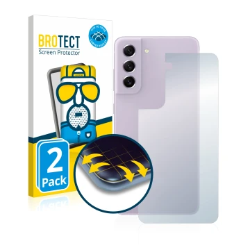 Face avant d’un emballage produit avec le logo de la marque BROTECT. À côté, l’appareil Samsung Galaxy S21 FE 5G (Arrière) est