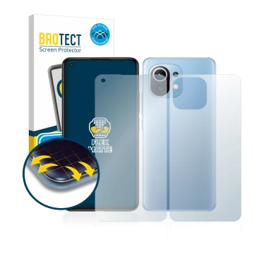 Face avant d’un emballage produit avec le logo de la marque BROTECT. À côté, l’appareil Xiaomi Mi 11 Lite 5G (Avant+Arrière) e