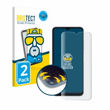 Face avant d’un emballage produit avec le logo de la marque BROTECT. À côté, l’appareil Samsung Galaxy A22 5G est représenté a