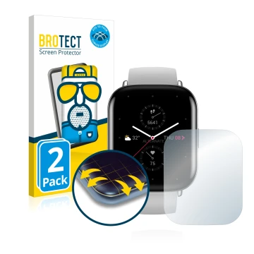 Face avant d’un emballage produit avec le logo de la marque BROTECT. À côté, l’appareil Huami Amazfit Zepp E Square est représ