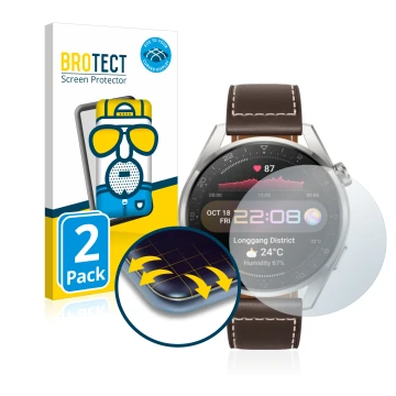 Face avant d’un emballage produit avec le logo de la marque BROTECT. À côté, l’appareil Huawei Watch 3 Pro est représenté avec