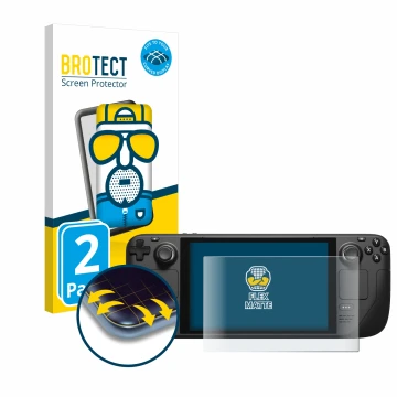 Face avant d’un emballage produit avec le logo de la marque BROTECT. À côté, l’appareil Valve Steam Deck est représenté avec l