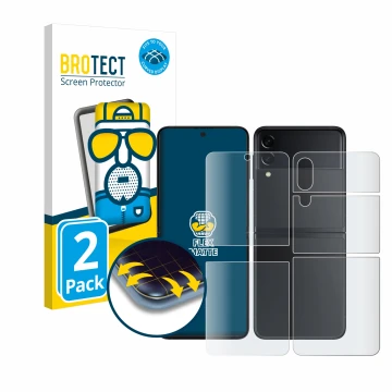 Face avant d’un emballage produit avec le logo de la marque BROTECT. À côté, l’appareil Samsung Galaxy Z Flip 3 5G (Avant+Arri