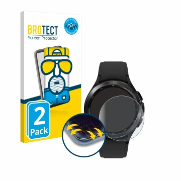 Face avant d’un emballage produit avec le logo de la marque BROTECT. À côté, l’appareil Samsung Galaxy Watch 4 Classic (46mm) 